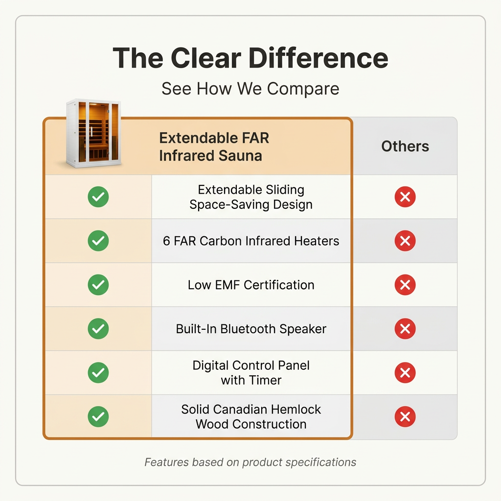 2 Person Extendable FAR Infrared Sauna for Home, Hemlock Wood Low EMF 6 Carbon Heaters Indoor Saunas with LED Lights, Bluetooth Speaker, Digital Control Panel, and Seating Bench — Comparison