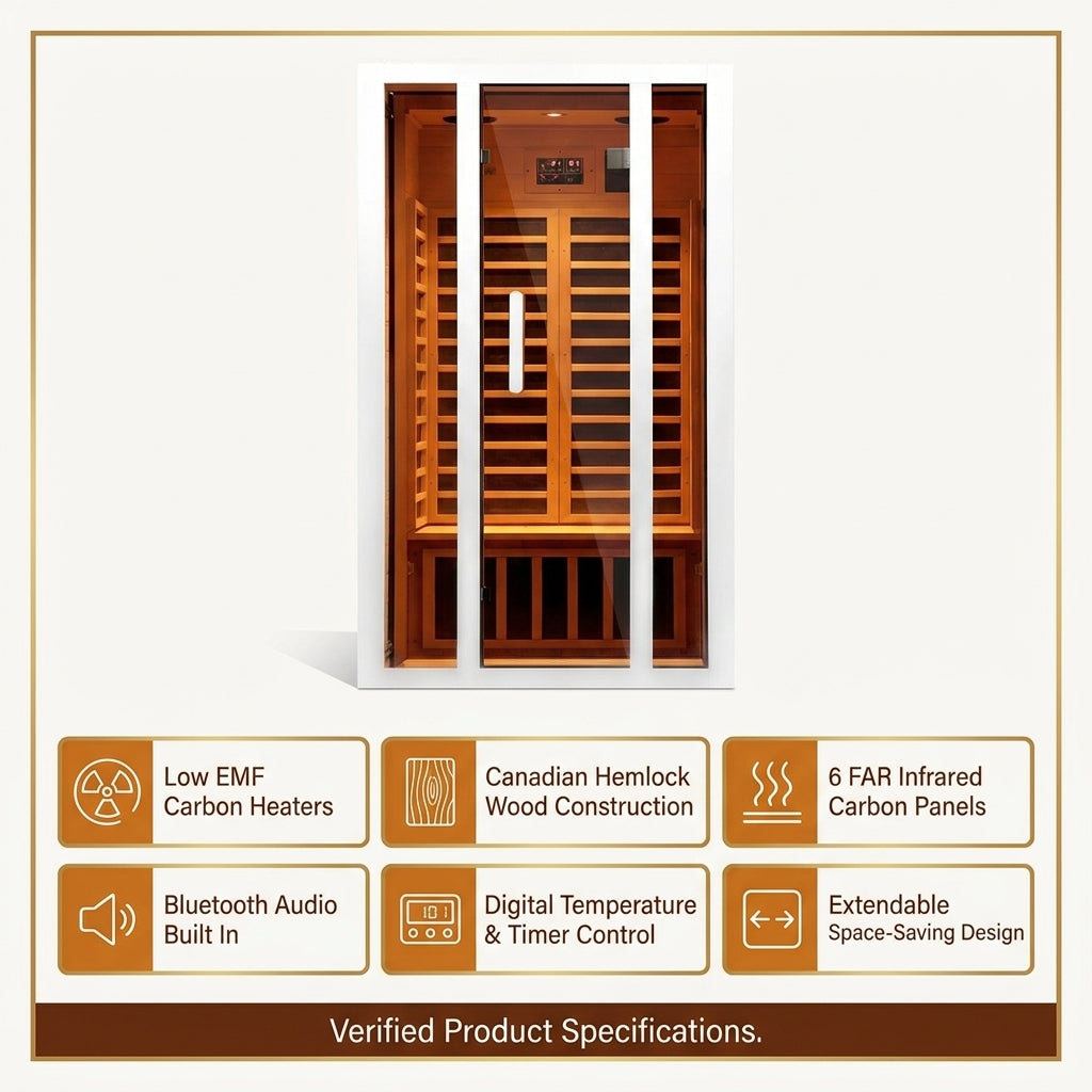 2 Person Extendable FAR Infrared Sauna for Home, Hemlock Wood Low EMF 6 Carbon Heaters Indoor Saunas with LED Lights, Bluetooth Speaker, Digital Control Panel, and Seating Bench — Results & Stats