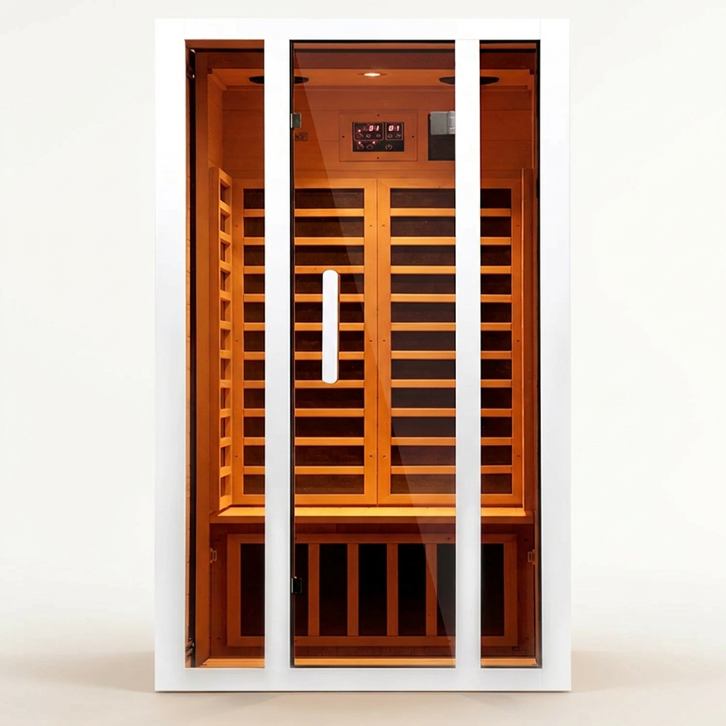 2 Person Extendable FAR Infrared Sauna for Home, Hemlock Wood Low EMF 6 Carbon Heaters Indoor Saunas with LED Lights, Bluetooth Speaker, Digital Control Panel, and Seating Bench — Studio Shot
