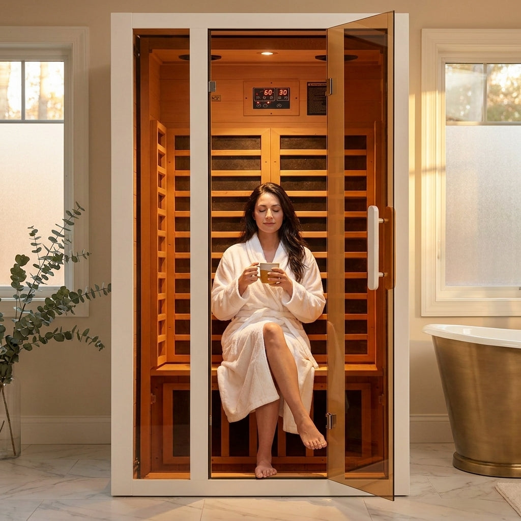 2 Person Extendable FAR Infrared Sauna for Home, Hemlock Wood Low EMF 6 Carbon Heaters Indoor Saunas with LED Lights, Bluetooth Speaker, Digital Control Panel, and Seating Bench — Lifestyle