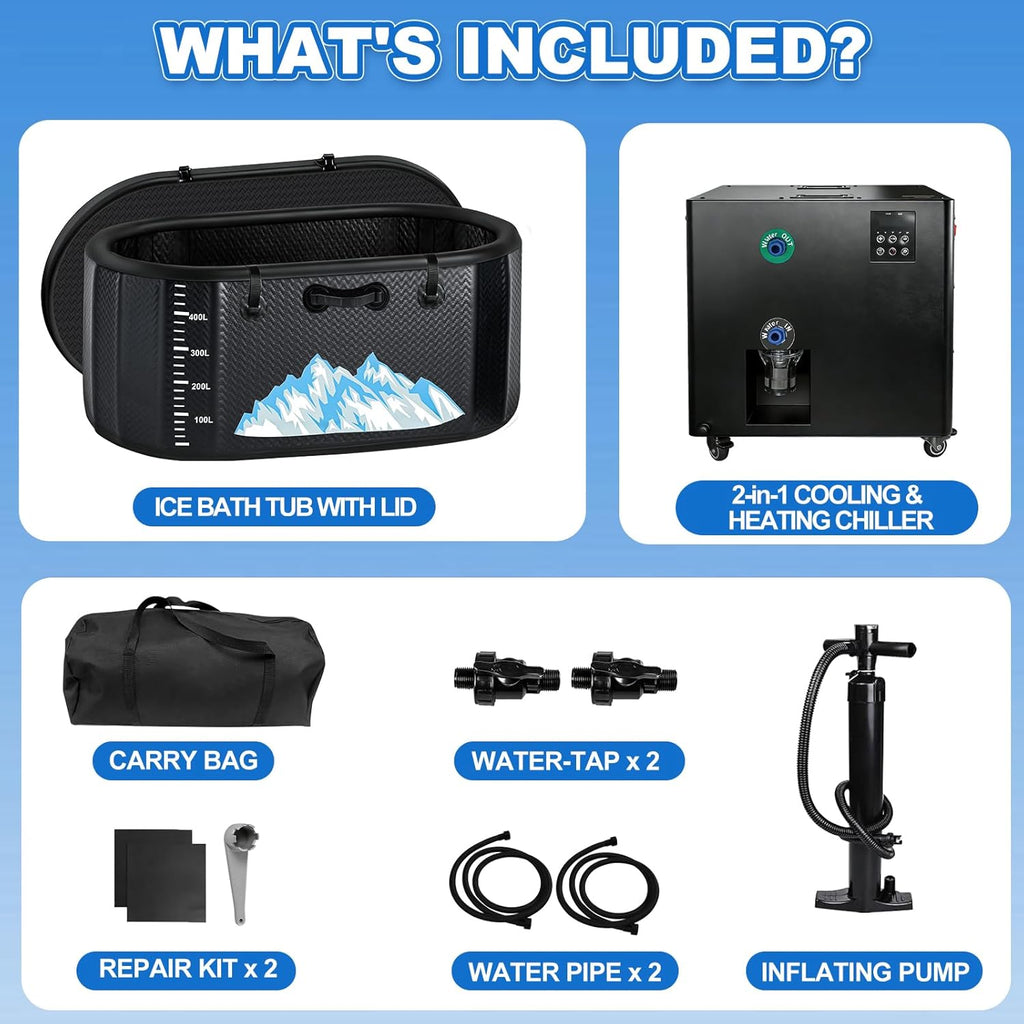 Cold Plunge Tub, 248 Gallon, 1 Horsepower, Heavy-Duty Ice Bath Tub for Athletes with Hot & Cold, Portable Inflatable Plunge Chiller with Water Treatment Kit, Immersion Therapy, Wifi (Black, 1 Set)
